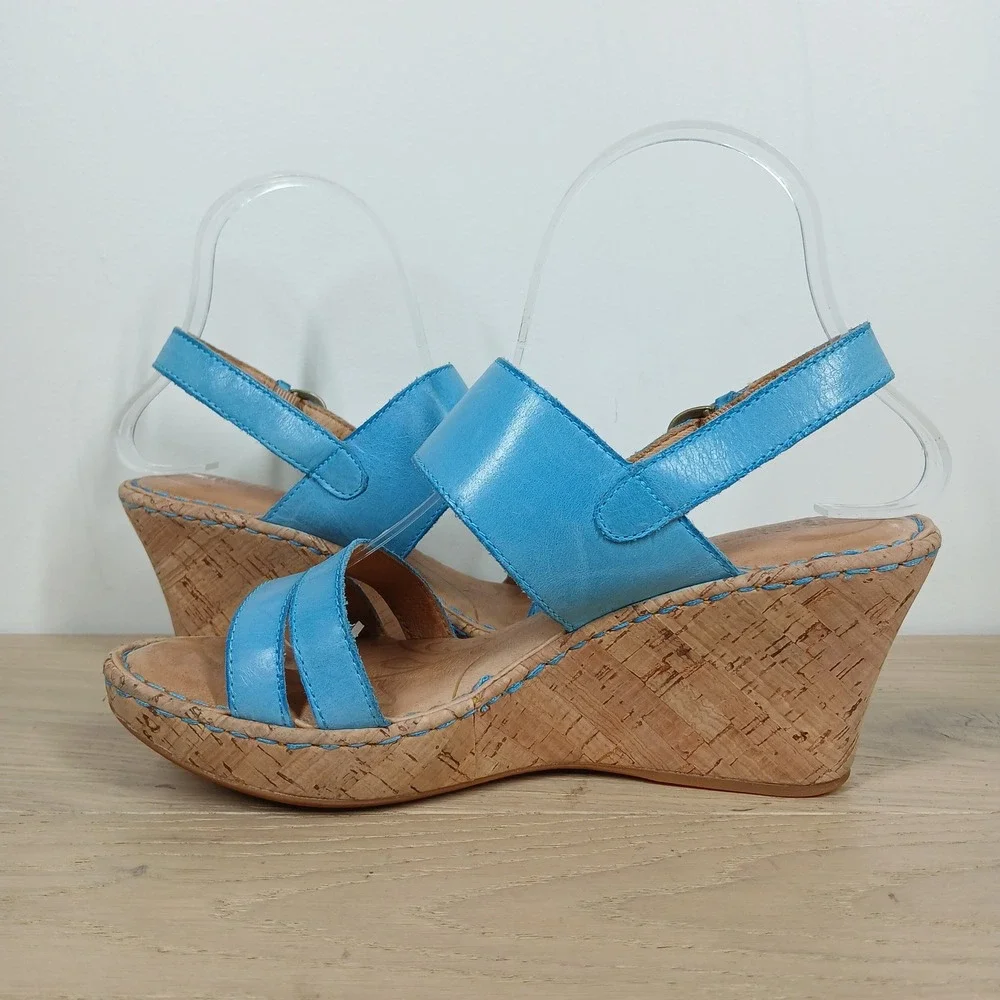 Born Wedge Sandals Womens 8 Blue Leather Cork Platform Slingback Opanka Strappy
